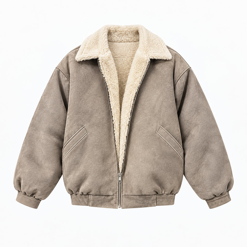 Men's Boxy Faux-Suede Shearling-Collar Puffer Jacket in beige - product view