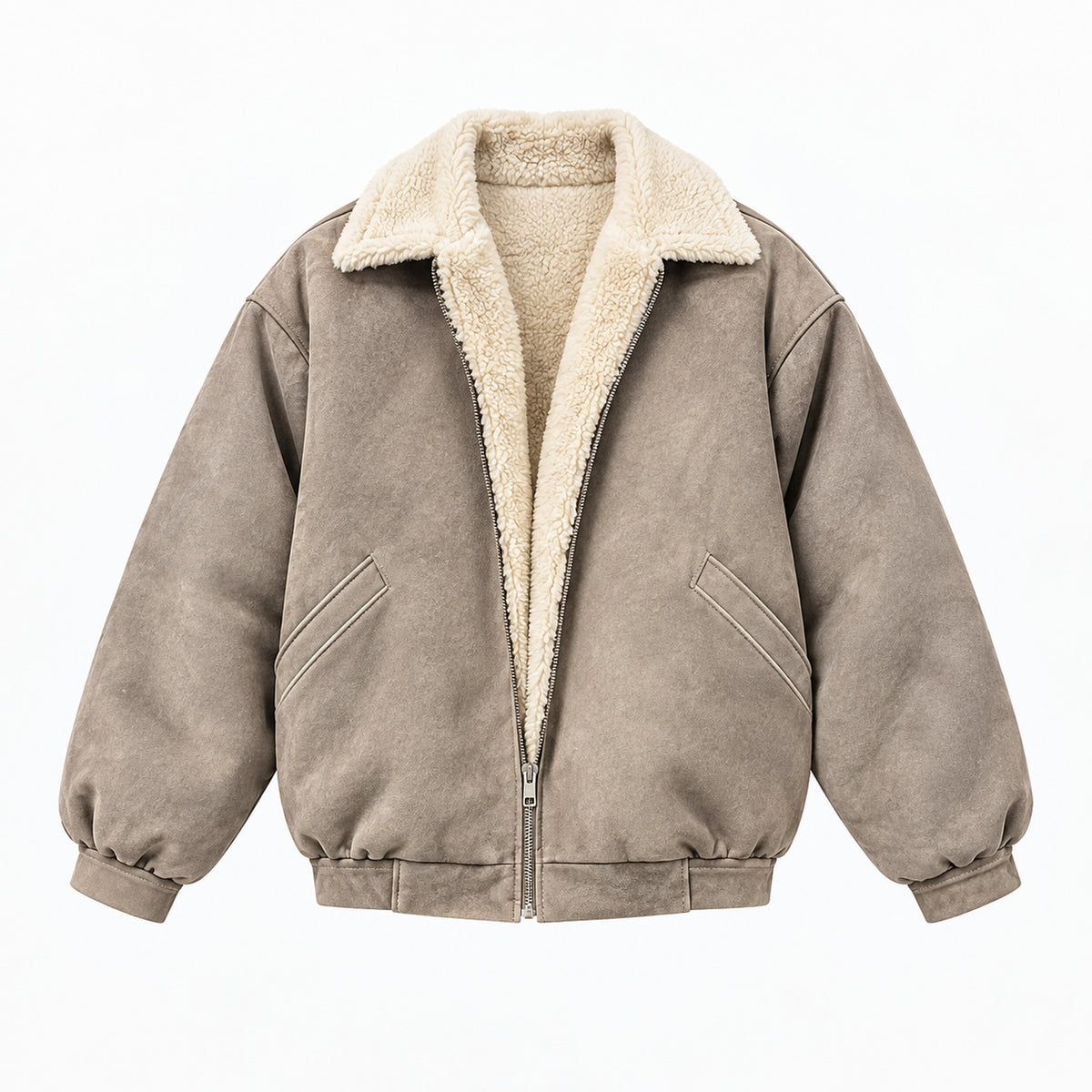 Men's Boxy Faux-Suede Shearling-Collar Puffer Jacket in beige - product view