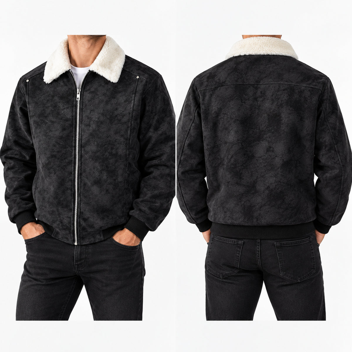Men's Boxy Faux-Suede Shearling-Collar Puffer Jacket in black - worn view