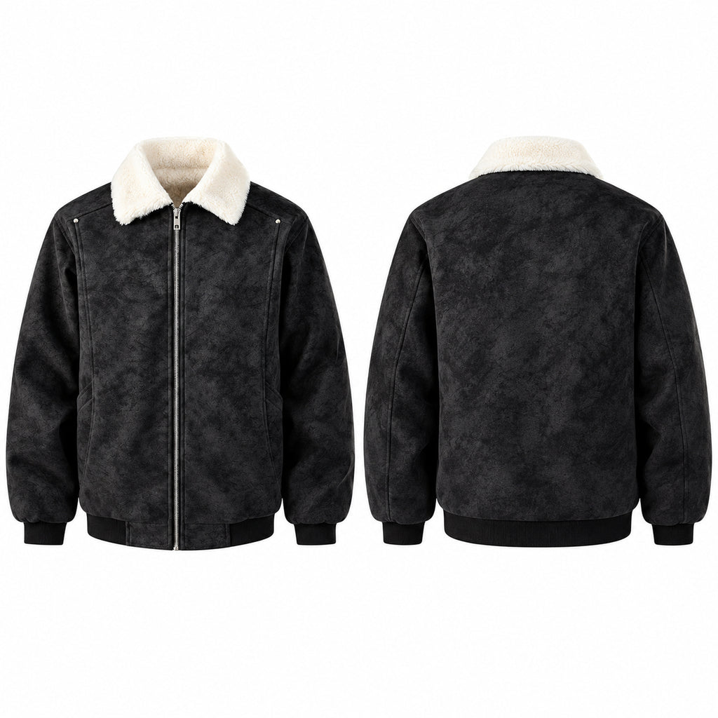 Men's Boxy Faux-Suede Shearling-Collar Puffer Jacket in black - product view