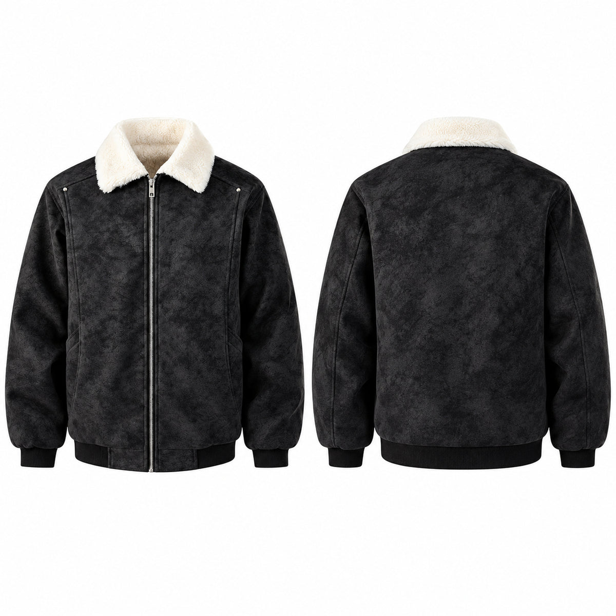 Men's Boxy Faux-Suede Shearling-Collar Puffer Jacket in black - product view