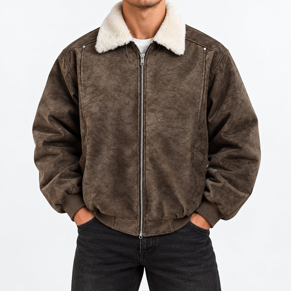 Men's Boxy Faux-Suede Shearling-Collar Puffer Jacket in brown - worn view
