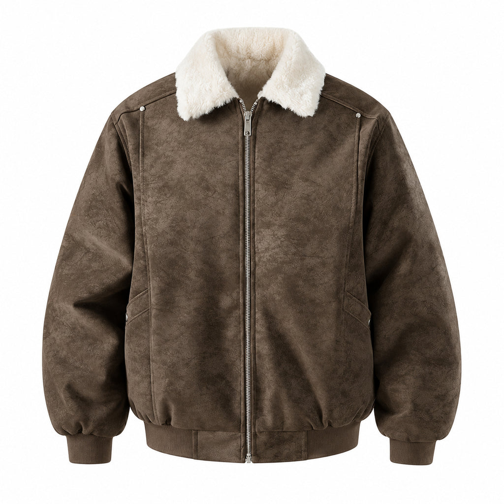 Men's Boxy Faux-Suede Shearling-Collar Puffer Jacket in brown - product view