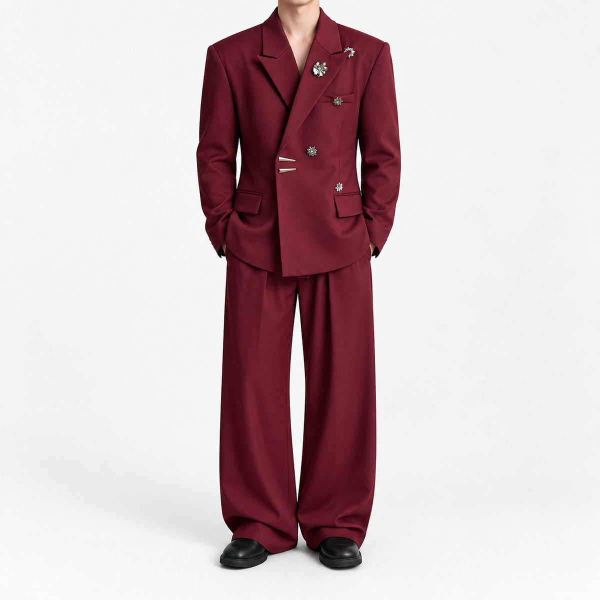 Men's Burgundy Brooch Double-Breasted Suit Set in burgundy - worn view