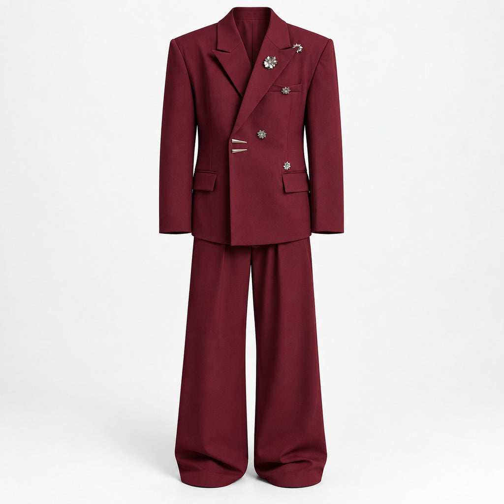 Men's Burgundy Brooch Double-Breasted Suit Set in burgundy - product view