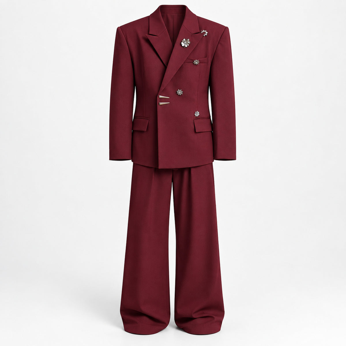 Men's Burgundy Brooch Double-Breasted Suit Set in burgundy - product view