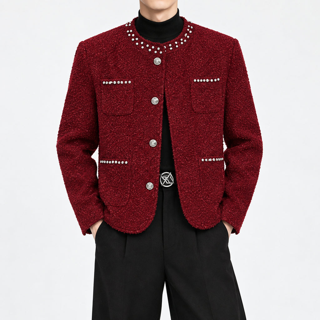Men's Burgundy Pearl-Stud Metallic Tweed Jacket in burgundy - worn view