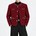 Men's Burgundy Pearl-Stud Metallic Tweed Jacket in burgundy - worn view