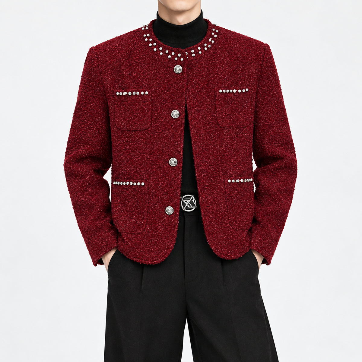 Men's Burgundy Pearl-Stud Metallic Tweed Jacket in burgundy - worn view