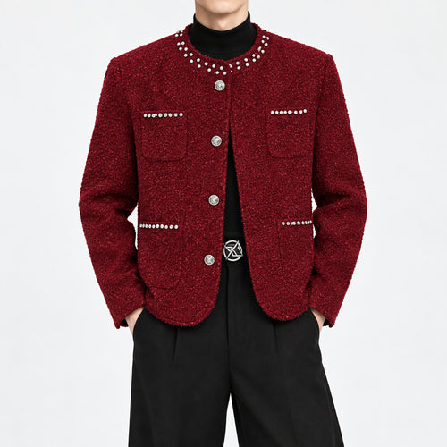 Men's Burgundy Pearl-Stud Metallic Tweed Jacket in burgundy - worn view