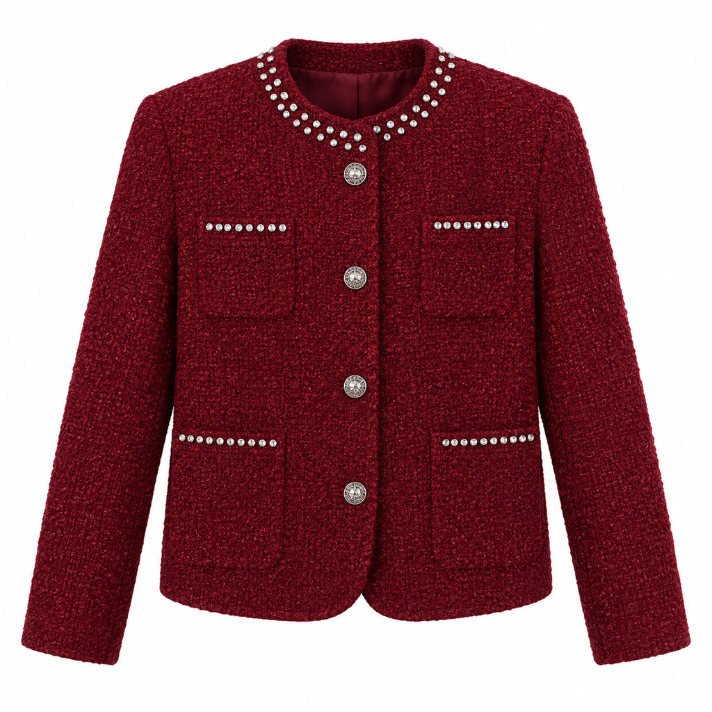 Men's Burgundy Pearl-Stud Metallic Tweed Jacket in burgundy - product view