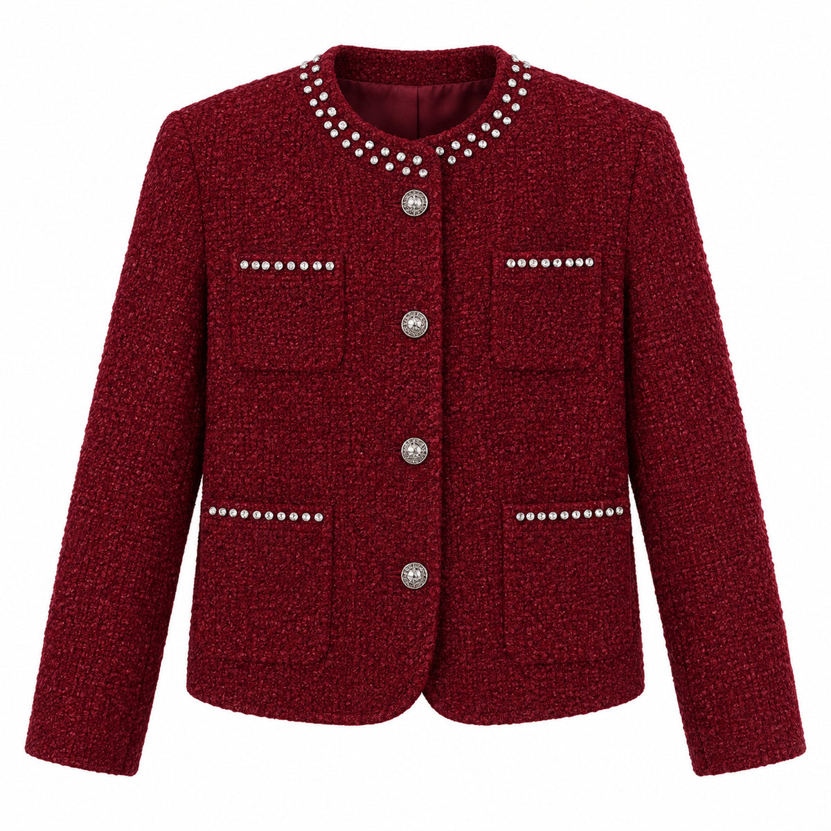 Men's Burgundy Pearl-Stud Metallic Tweed Jacket in burgundy - product view