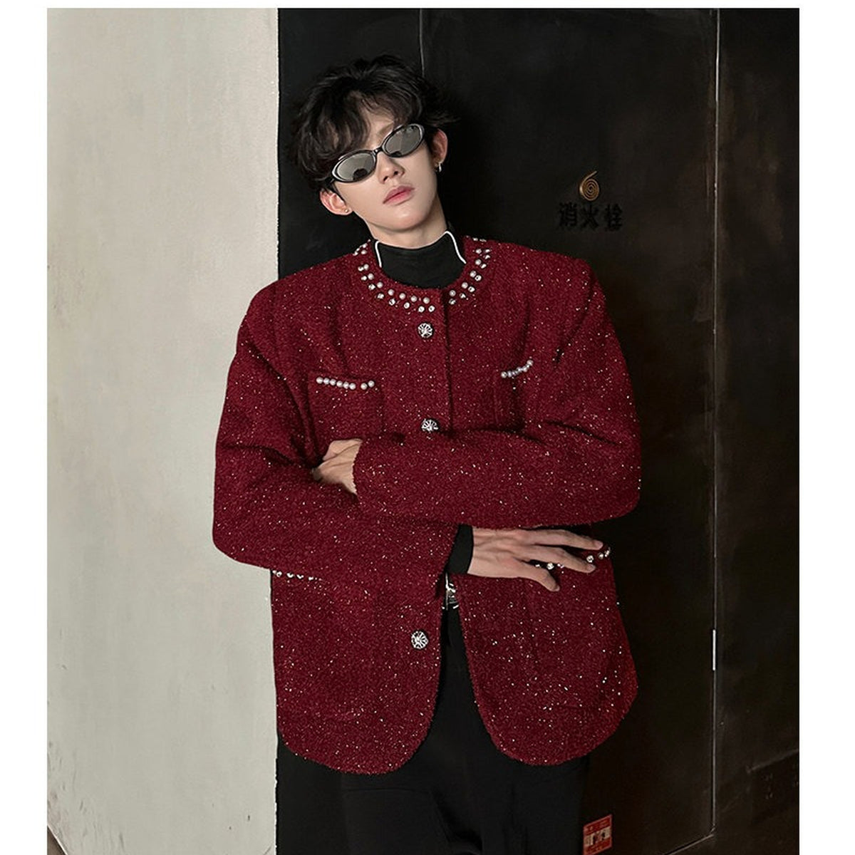 Men's Burgundy Pearl-Stud Metallic Tweed Jacket - original product reference 2