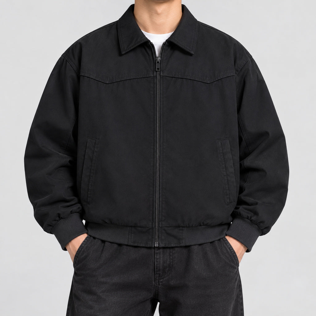 Men's cotton contrast-collar zip jacket in black - worn view