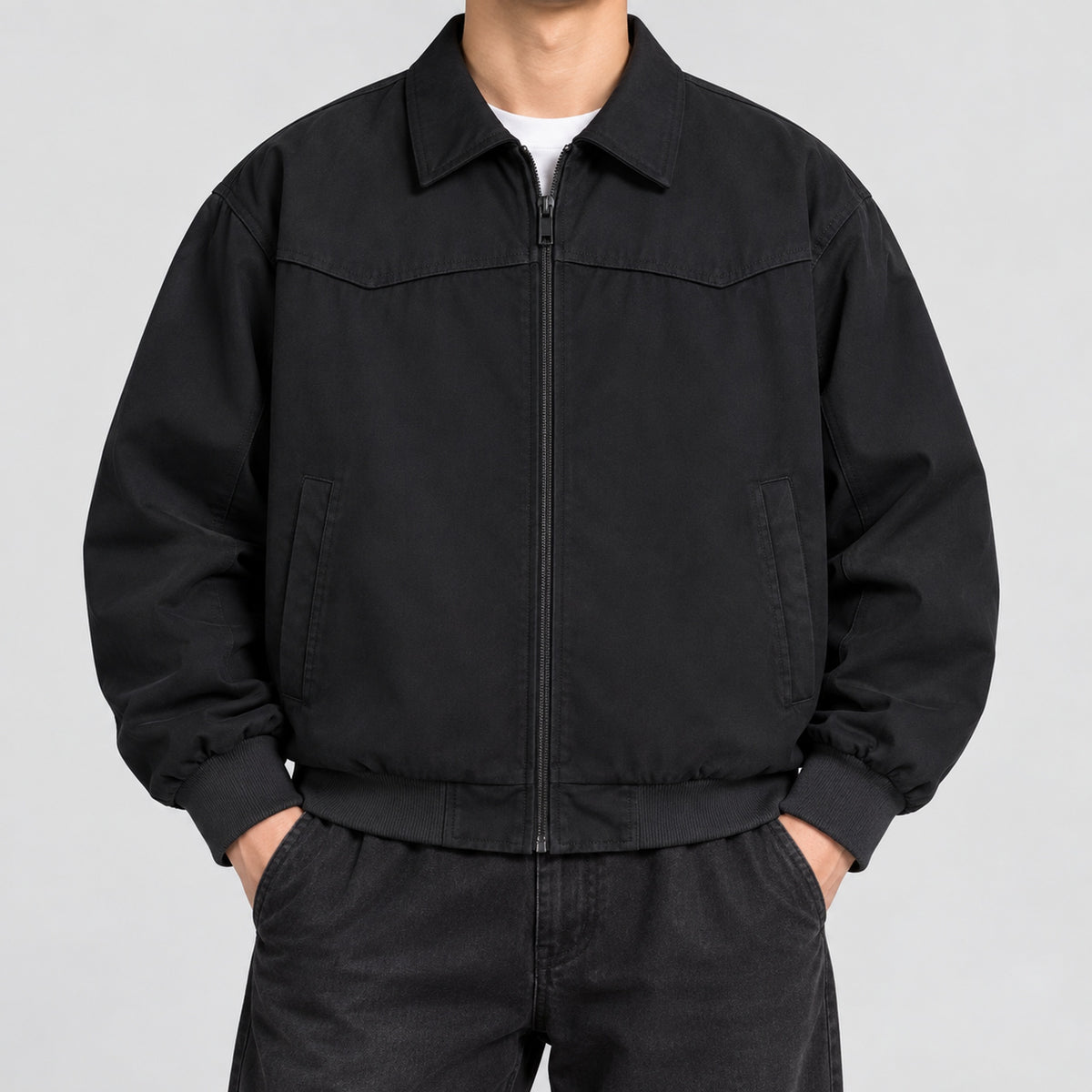 Men's cotton contrast-collar zip jacket in black - worn view