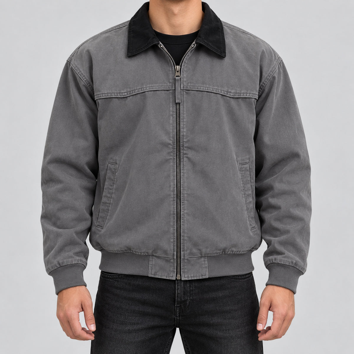 Men's cotton contrast-collar zip jacket in gray - worn view