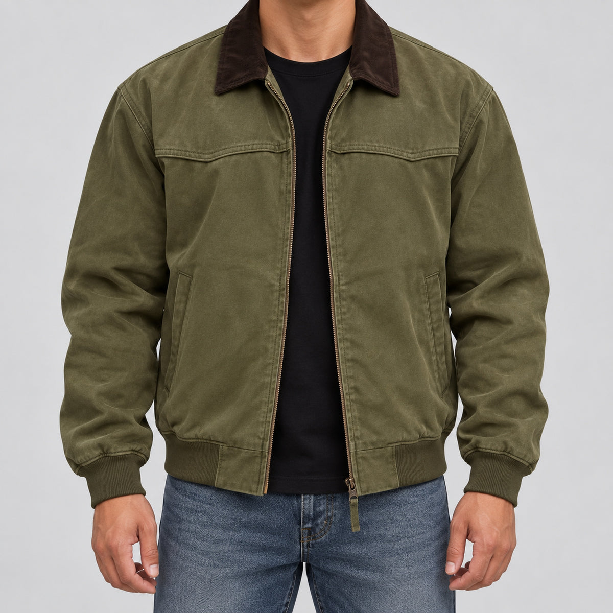 Men's cotton contrast-collar zip jacket in olive green - worn view