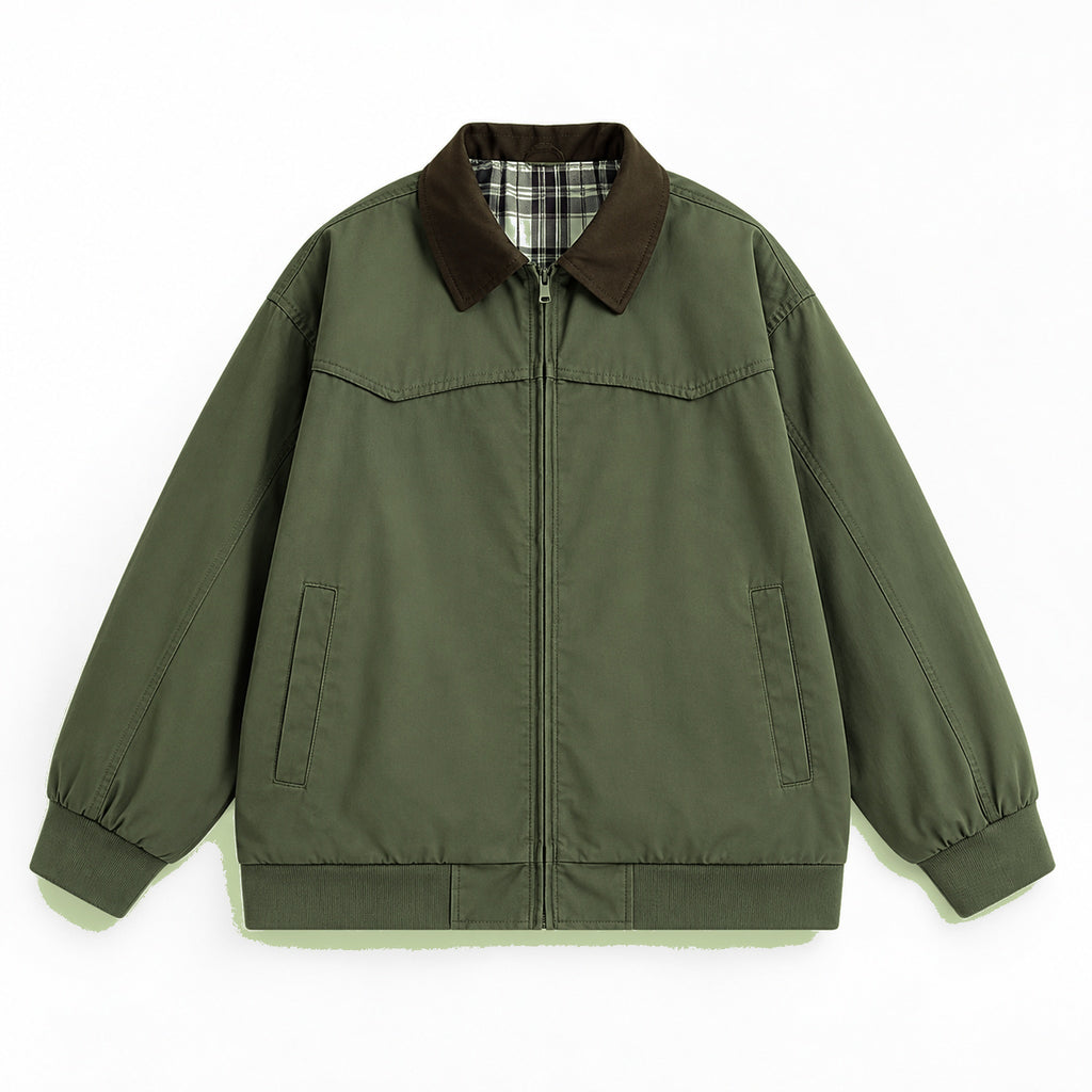 Men's cotton contrast-collar zip jacket in olive green - product view