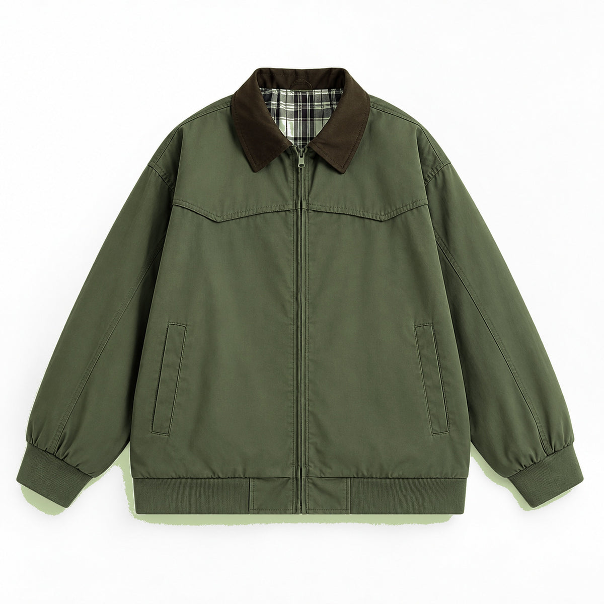 Men's cotton contrast-collar zip jacket in olive green - product view