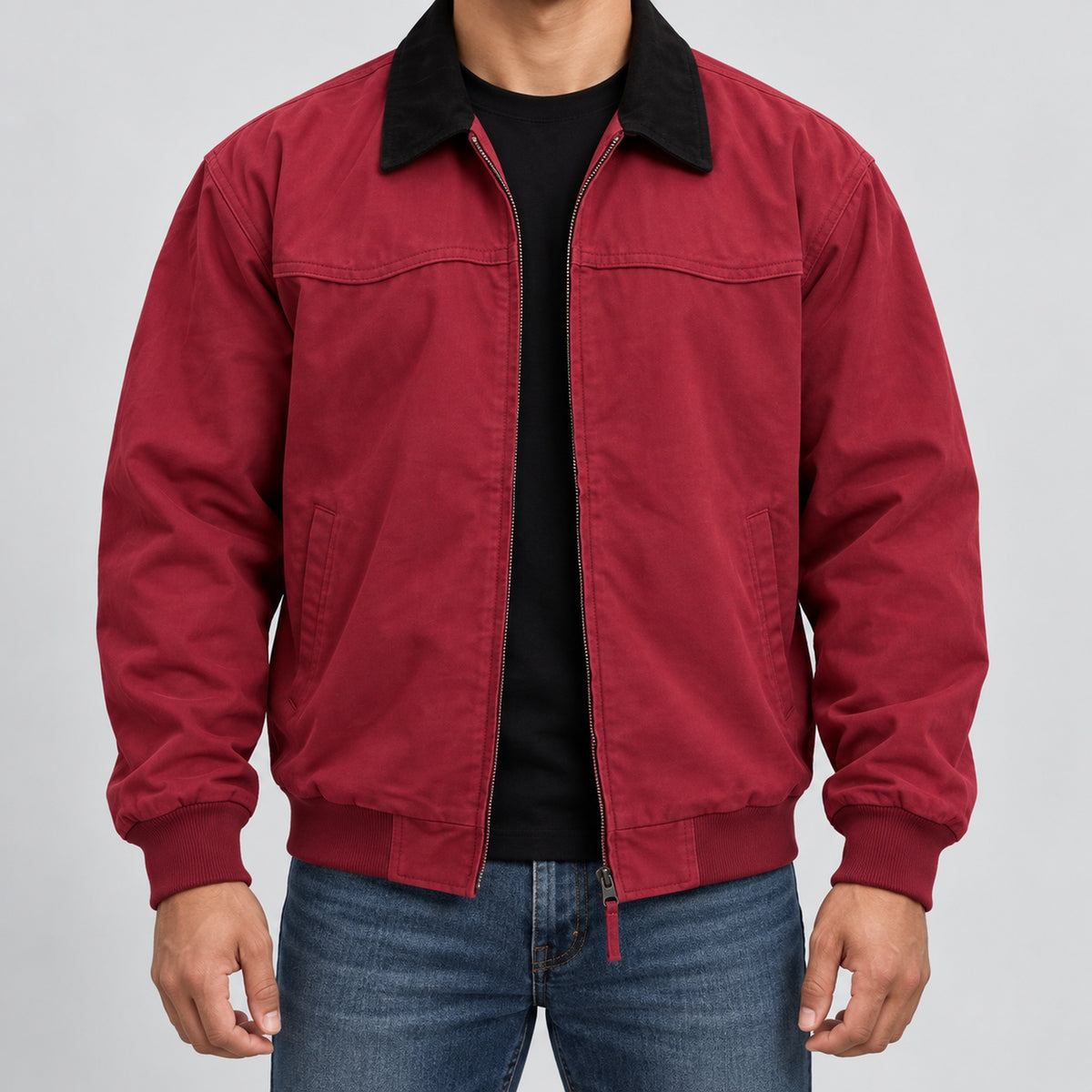Men's cotton contrast-collar zip jacket in red - worn view