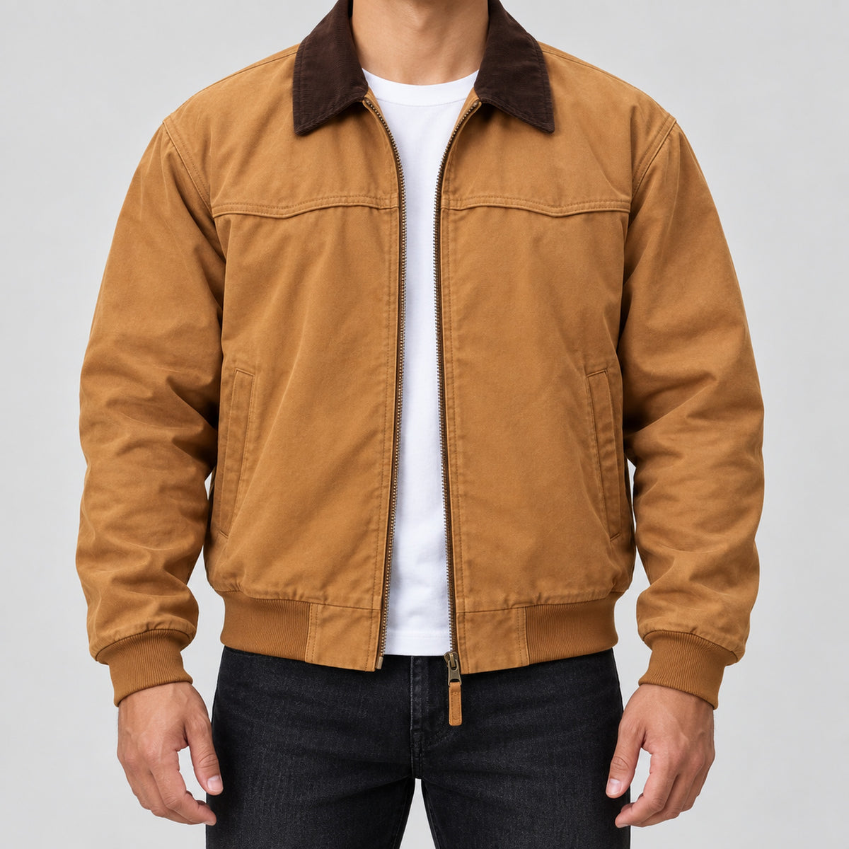 Men's cotton contrast-collar zip jacket in stone beige - worn view