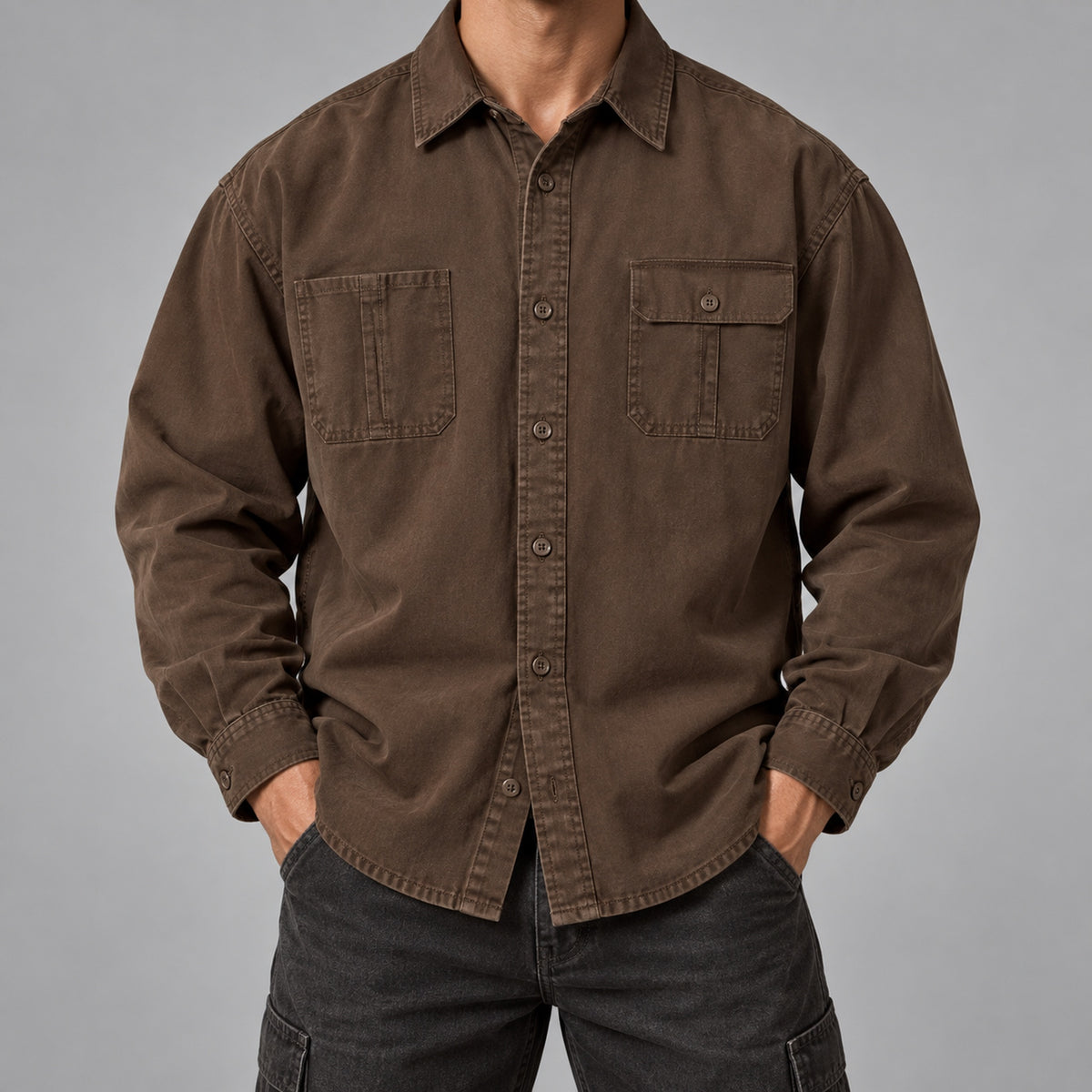Men's cotton long-sleeve workwear shirt in brown - worn view