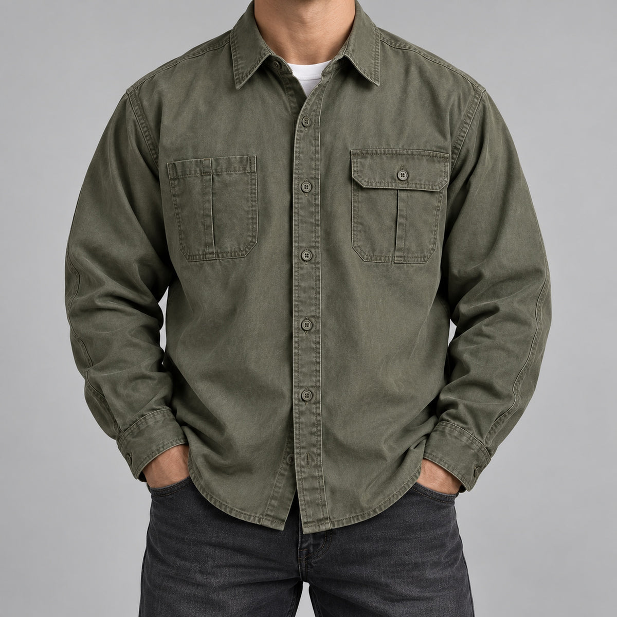 Men's cotton long-sleeve workwear shirt in olive green - worn view