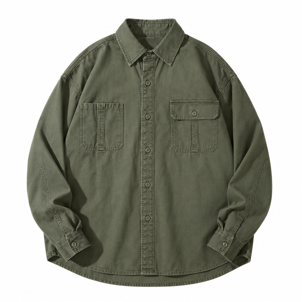 Men's cotton long-sleeve workwear shirt in olive green - product view