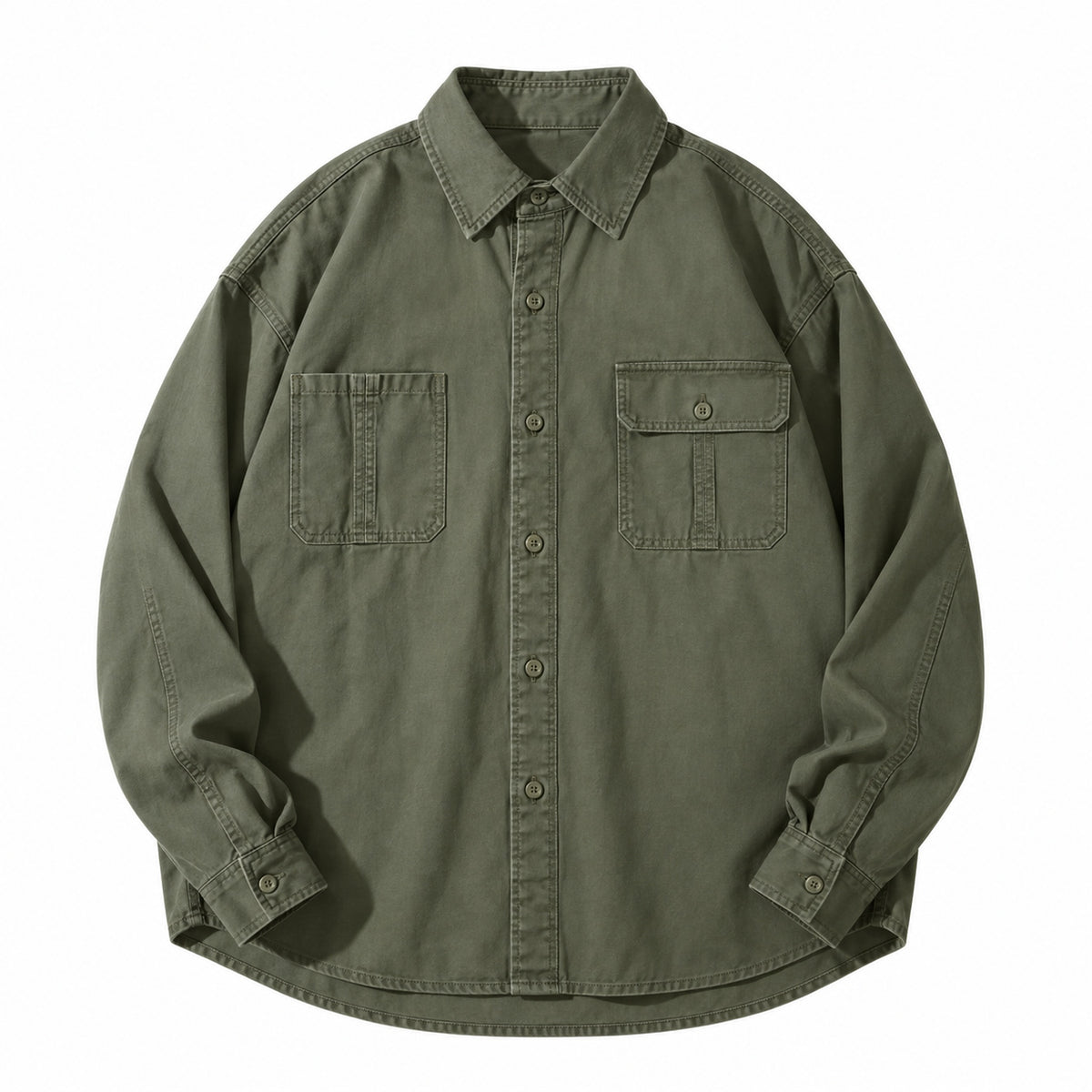 Men's cotton long-sleeve workwear shirt in olive green - product view