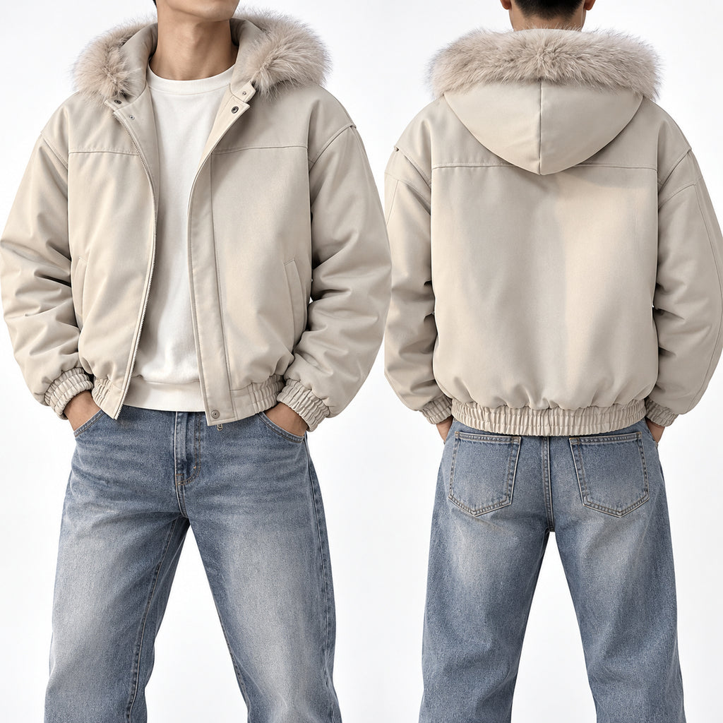 Men's Cropped Shearling-Trim Hooded Puffer Jacket in beige - worn view