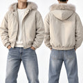 Men's Cropped Shearling-Trim Hooded Puffer Jacket in beige - worn view