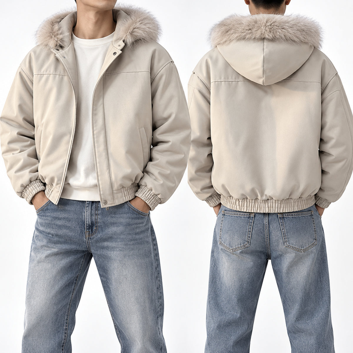 Men's Cropped Shearling-Trim Hooded Puffer Jacket in beige - worn view