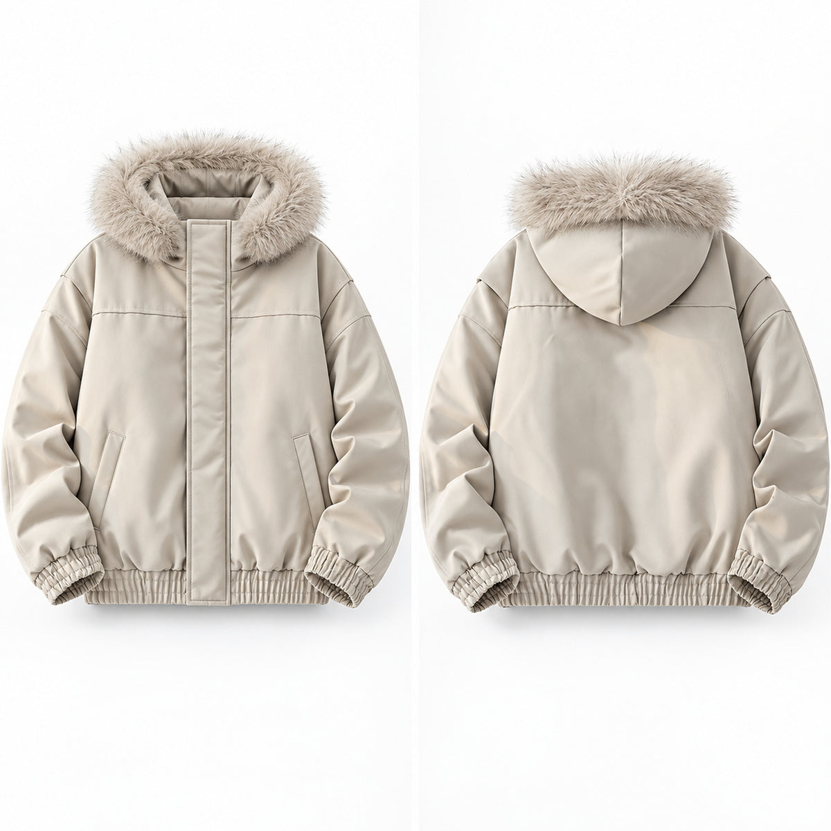 Men's Cropped Shearling-Trim Hooded Puffer Jacket in beige - product view