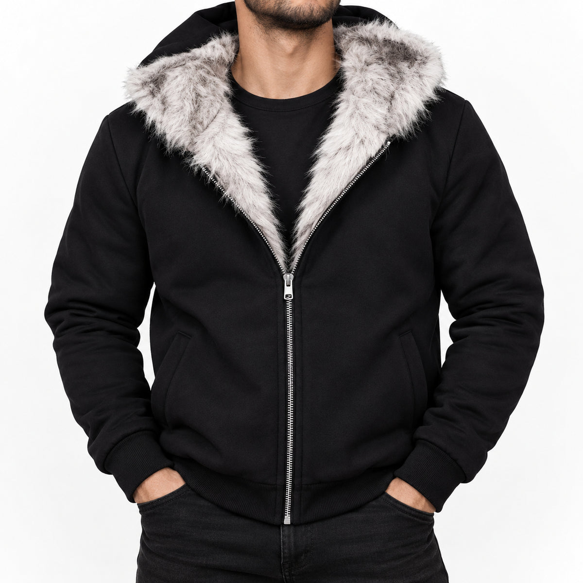 Men's Cropped Shearling-Trim Hooded Puffer Jacket in black - worn view