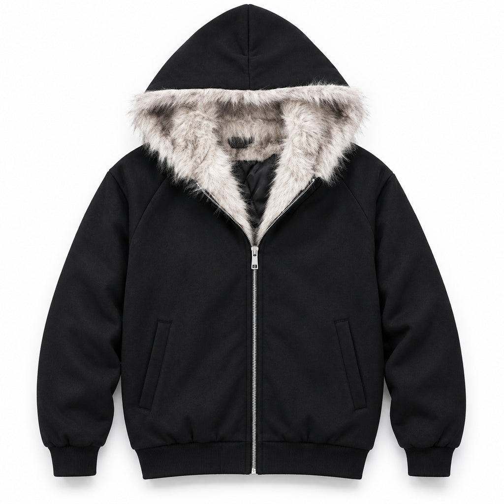 Men's Cropped Shearling-Trim Hooded Puffer Jacket in black - product view
