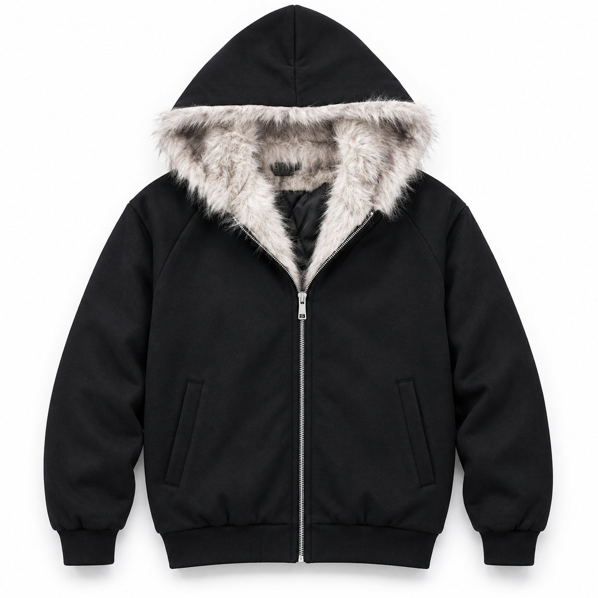 Men's Cropped Shearling-Trim Hooded Puffer Jacket in black - product view