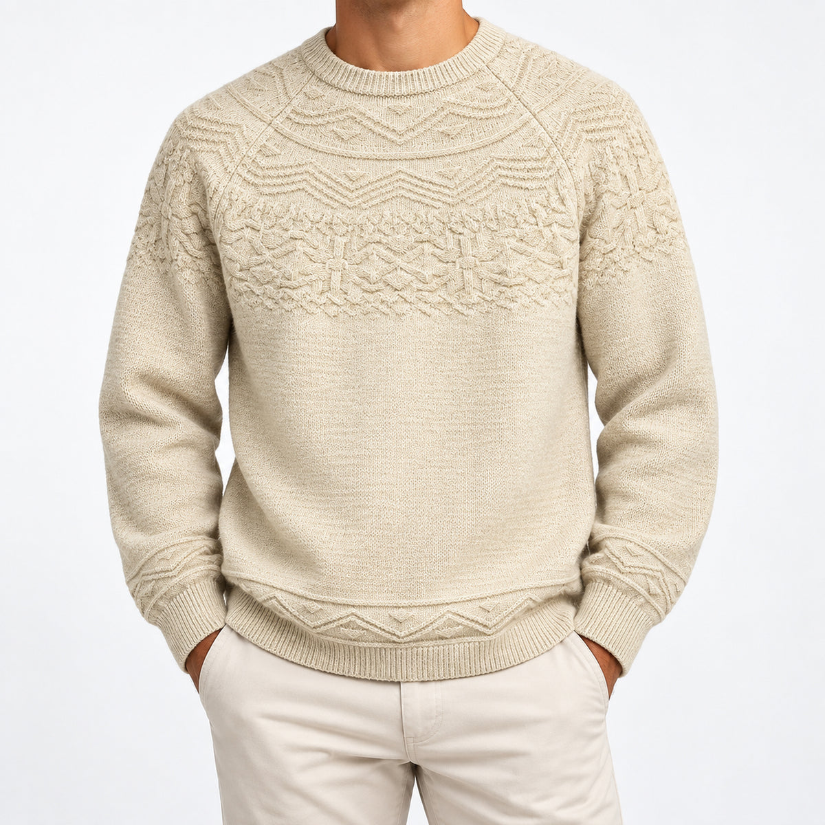 Men's Curved-Hem Crewneck Knit Sweater in cream - worn view