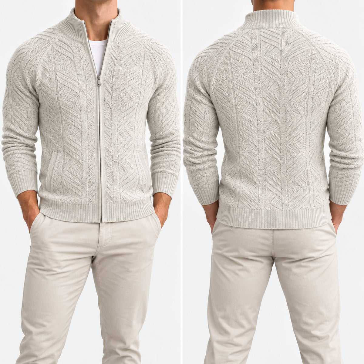 Men's Curved-Hem Crewneck Knit Sweater in light gray - worn view