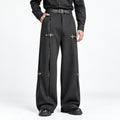 Men's Deconstructed Faux-Leather Panel Trousers in black - worn view
