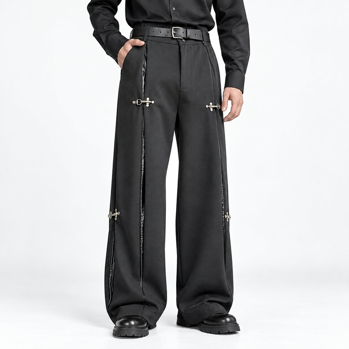 Men's Deconstructed Faux-Leather Panel Trousers in black - worn view