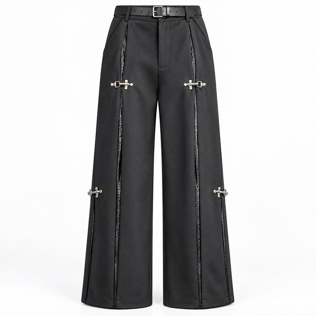 Men's Deconstructed Faux-Leather Panel Trousers in black - product view