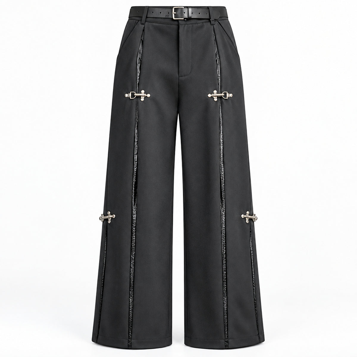 Men's Deconstructed Faux-Leather Panel Trousers in black - product view