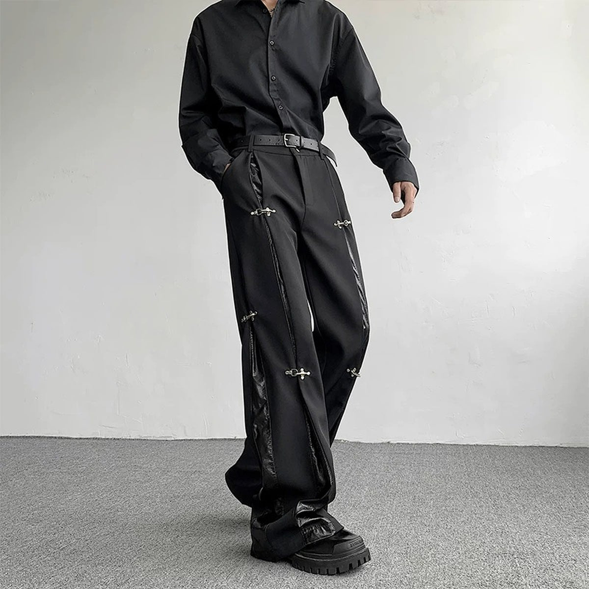 Men's Deconstructed Faux-Leather Panel Trousers - original product reference 2