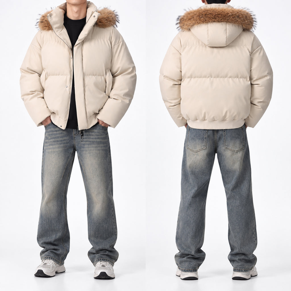 Men's Detachable Faux-Fur Hood PU Puffer Jacket in beige - worn view
