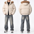 Men's Detachable Faux-Fur Hood PU Puffer Jacket in beige - worn view