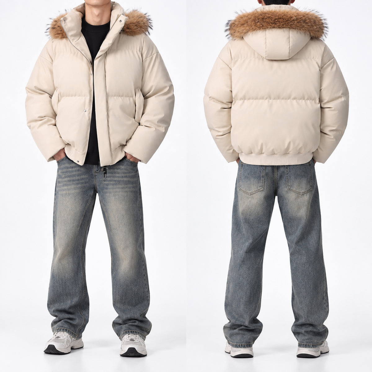 Men's Detachable Faux-Fur Hood PU Puffer Jacket in beige - worn view