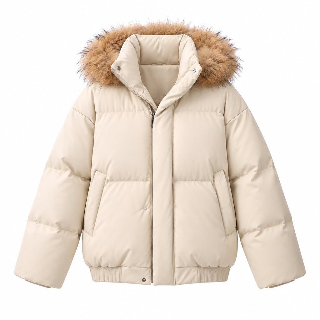 Men's Detachable Faux-Fur Hood PU Puffer Jacket in beige - product view
