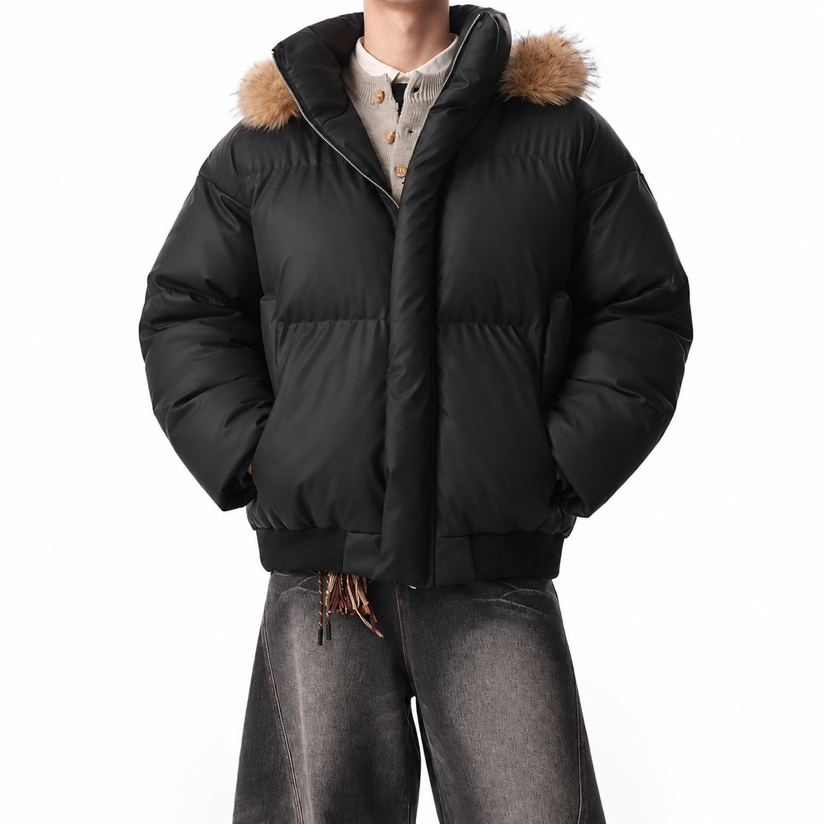 Men's Detachable Faux-Fur Hood PU Puffer Jacket in black - worn view