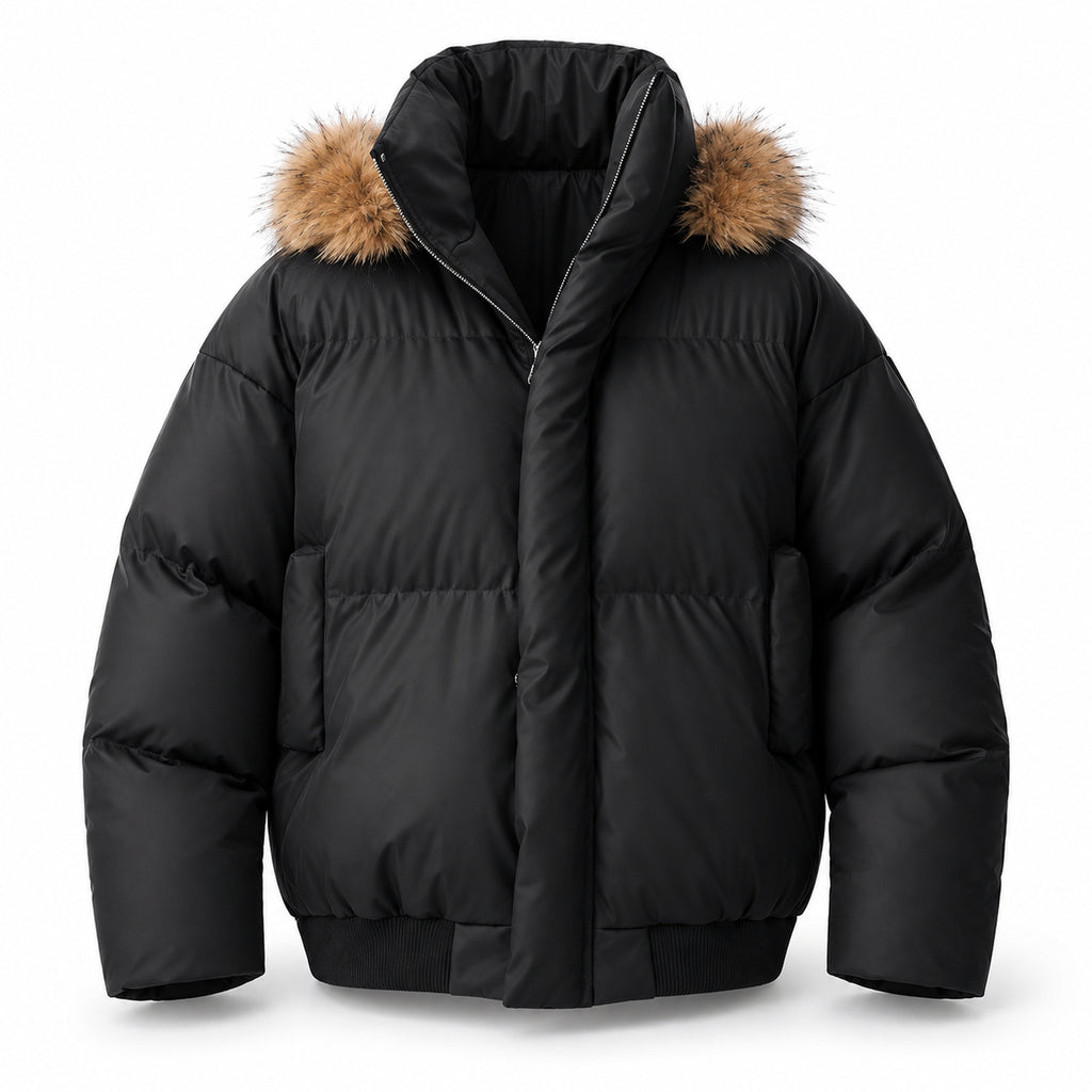 Men's Detachable Faux-Fur Hood PU Puffer Jacket in black - product view