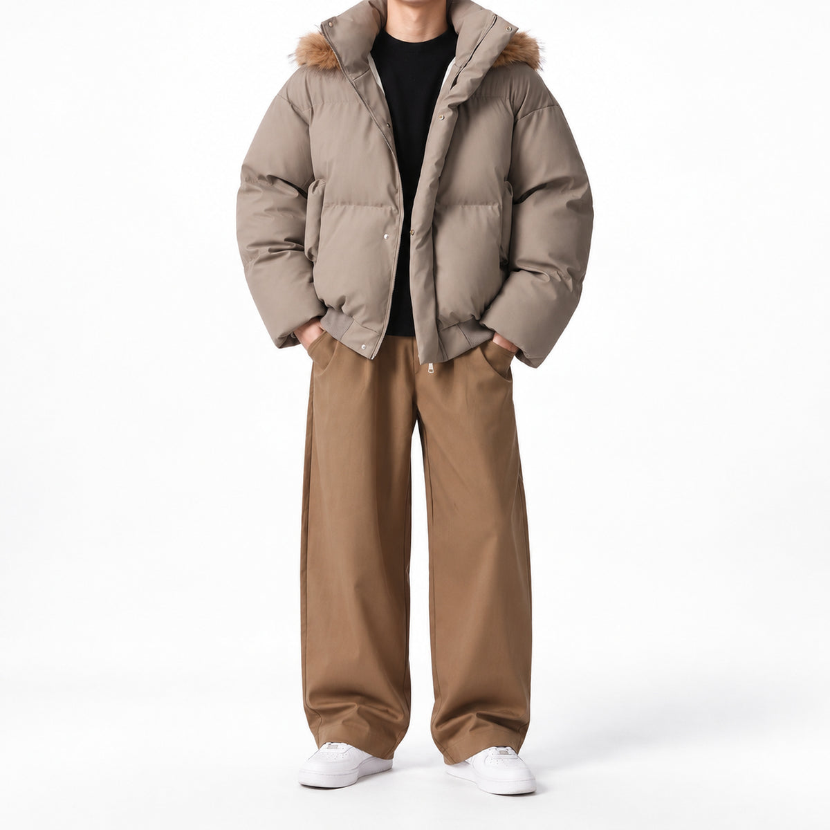 Men's Detachable Faux-Fur Hood PU Puffer Jacket in brown - worn view